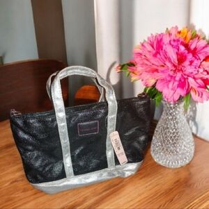 NWT Victoria’s Secret Mini Black/Silver/Pink Canvas Tote Crossbody Bag